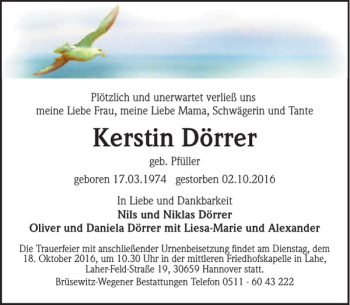 Traueranzeige von Kerstin Dörrer von HAZ/NP