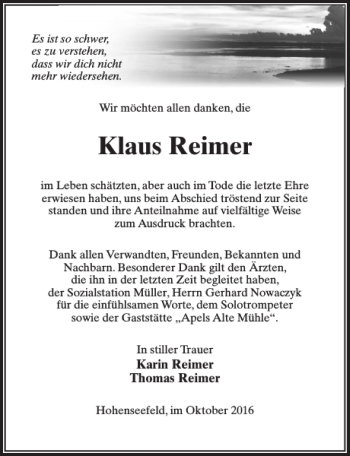 Traueranzeige von Klaus Reimer von MAZ-Trauer.de