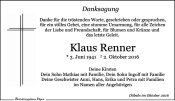 Traueranzeige von Klaus Renner von Leipziger Volkszeitung