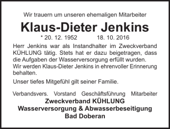 Traueranzeige von Klaus-dieter Jenkins von Ostsee-Zeitung