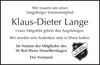 Traueranzeige von Klaus-dieter Lange von Ostsee-Zeitung