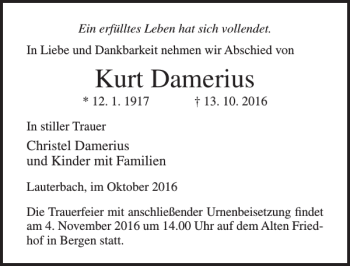 Traueranzeige von Kurt Damerius von Ostsee-Zeitung