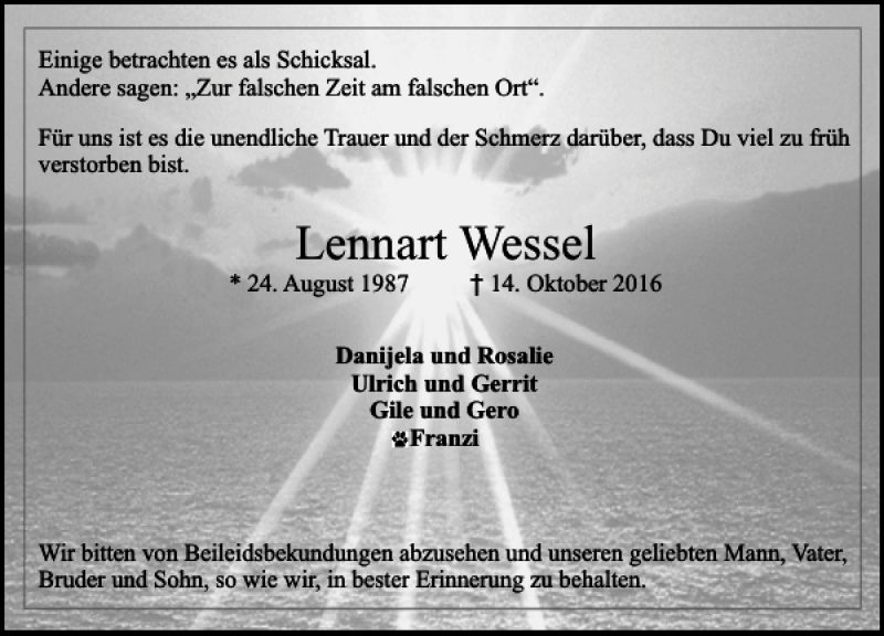  Traueranzeige für Lennart Wessel vom 19.10.2016 aus Lübecker Nachrichten