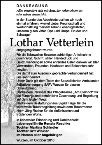 Traueranzeige von Lothar Vetterlein von Leipziger Volkszeitung