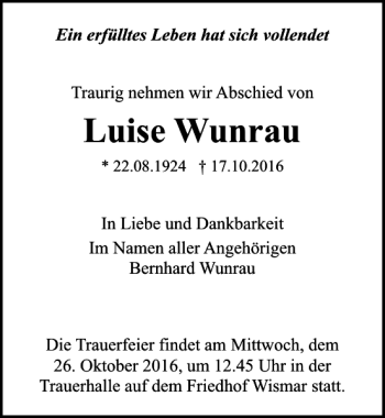 Traueranzeige von Luise Wunrau von Ostsee-Zeitung