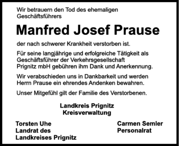 Traueranzeige von Manfred Prause von MAZ-Trauer.de