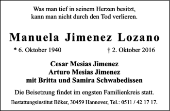 Traueranzeige von Manuela Jimenez Lozano von HAZ/NP