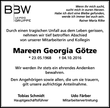 Traueranzeige von Mareen Georgia Götze von Leipziger Volkszeitung