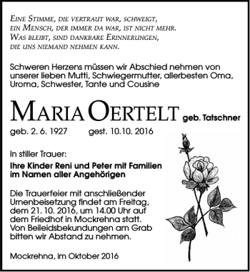 Traueranzeige von Maria Oertelt von Torgauer Zeitung