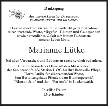 Traueranzeige von Marianne Lütke von MAZ-Trauer.de