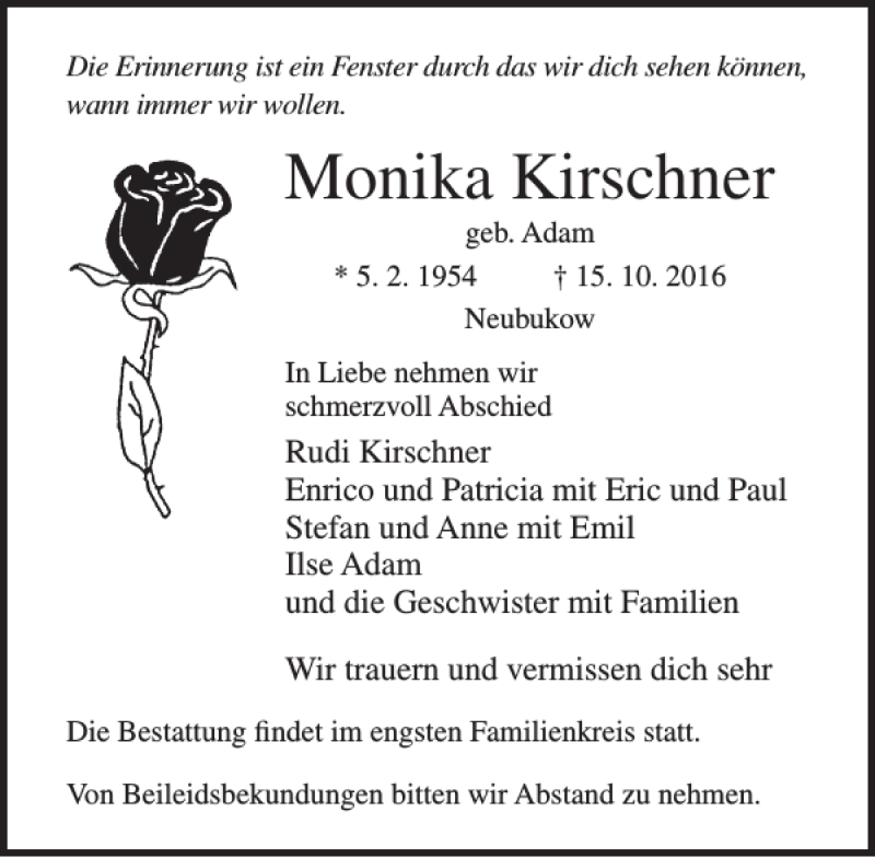  Traueranzeige für Monika Kirschner vom 22.10.2016 aus Ostsee-Zeitung