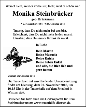 Traueranzeige von Monika Steinbrücker von Ostsee-Zeitung