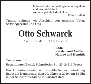 Traueranzeige von Otto Schwarck von Kieler Nachrichten / Segeberger Zeitung