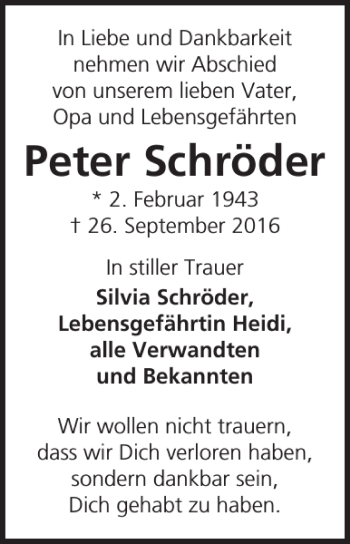 Traueranzeige von Peter Schröder von Lübecker Nachrichten
