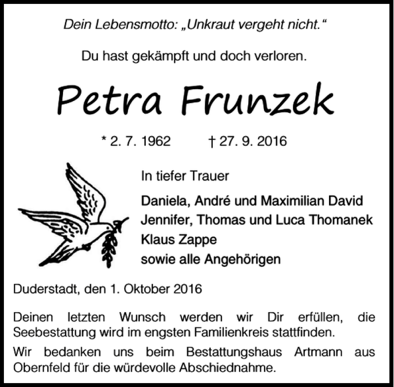  Traueranzeige für Petra Frunzek vom 01.10.2016 aus Eichsfelder Tageblatt