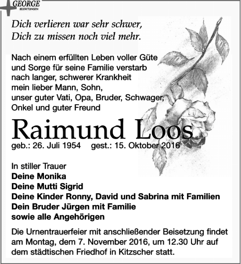  Traueranzeige für Raimund Loos vom 29.10.2016 aus Leipziger Volkszeitung