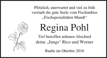 Traueranzeige von Regina Pohl von Ostsee-Zeitung
