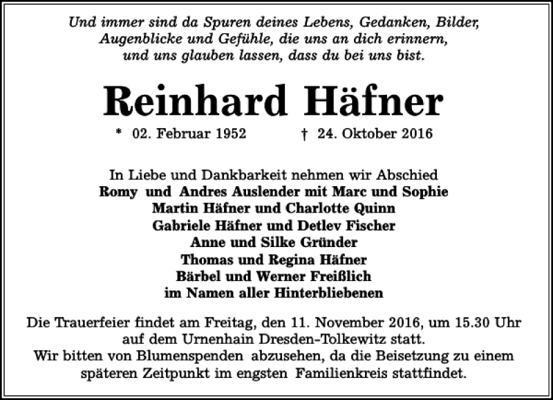  Traueranzeige für Reinhard Häfner vom 29.10.2016 aus Dresdner Neueste Nachrichten