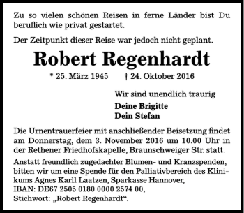 Traueranzeige von Robert Regenhardt von HAZ/NP