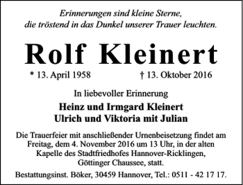 Traueranzeige von Rolf Kleinert von HAZ/NP