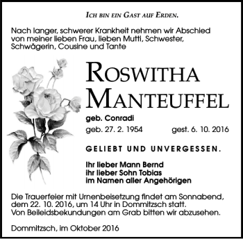 Traueranzeige von Roswitha Manteuffel von Torgauer Zeitung