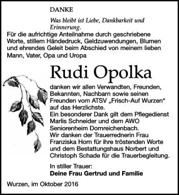 Traueranzeige von Rudi Opolka von Leipziger Volkszeitung