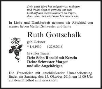 Traueranzeige von Ruth Gottschalk von MAZ-Trauer.de