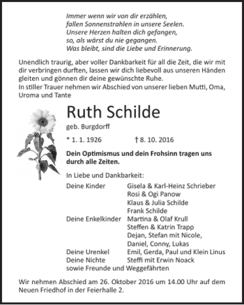 Traueranzeige von Ruth Schilde von Ostsee-Zeitung