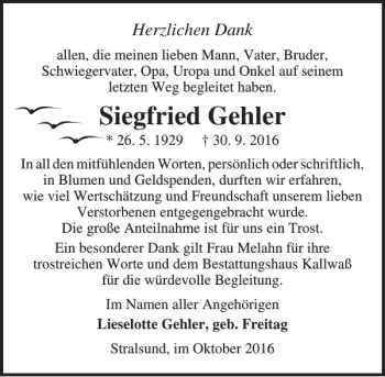 Traueranzeige von Siegfried Gehler von Ostsee-Zeitung