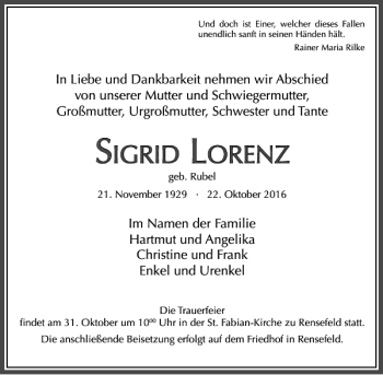 Traueranzeige von Sigrid Lorenz von Lübecker Nachrichten
