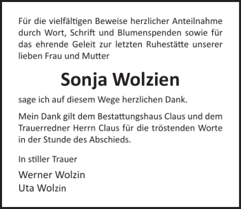 Traueranzeige von Sonja Wolzien von Ostsee-Zeitung