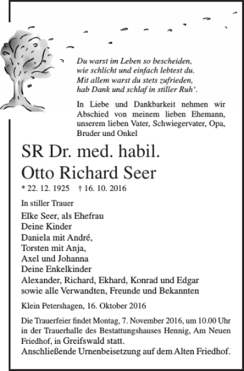 Traueranzeige von Sr Dr. Med. Habil. Otto Richard Seer  von Ostsee-Zeitung