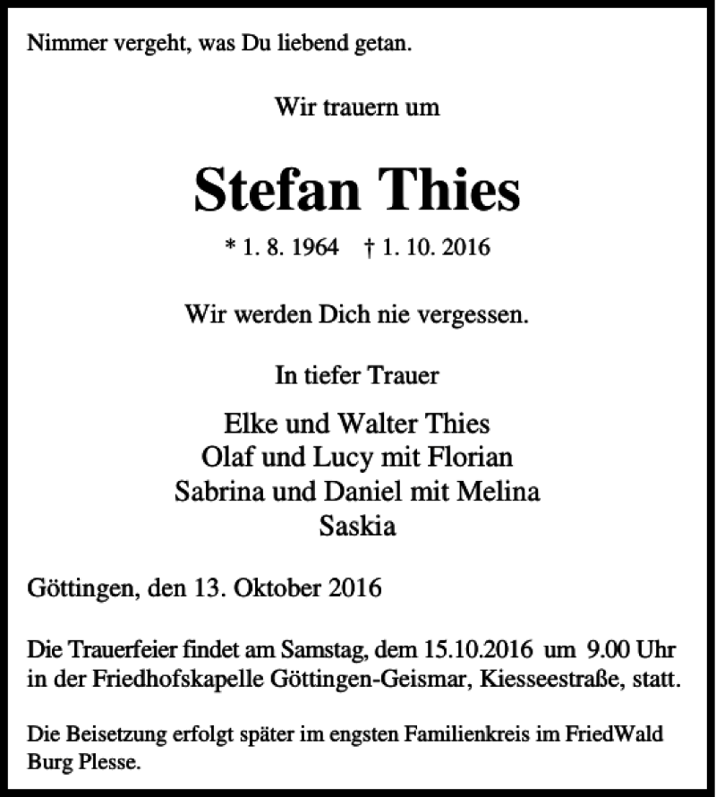  Traueranzeige für Stefan Thies vom 13.10.2016 aus Göttinger Tageblatt