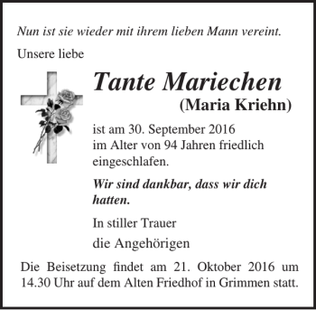 Traueranzeige von Tante Mariechen von Ostsee-Zeitung