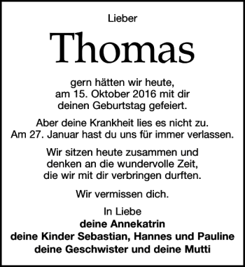 Traueranzeige von Thomas  von Leipziger Volkszeitung