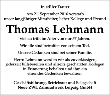 Traueranzeige von Thomas Lehmann von Leipziger Volkszeitung