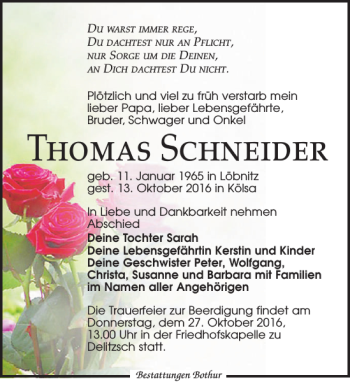 Traueranzeige von Thomas Schneider von Leipziger Volkszeitung