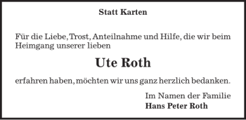 Traueranzeige von Ute Roth von Kieler Nachrichten / Segeberger Zeitung