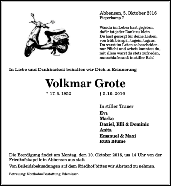 Traueranzeige von Volkmar Grote von Peiner Allgemeine Zeitung