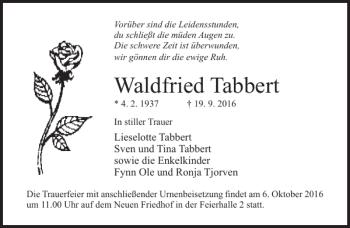 Traueranzeige von Waldfried Tabbert von Ostsee-Zeitung