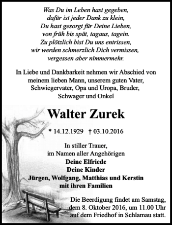 Traueranzeige von Walter Zurek von MAZ-Trauer.de