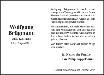 Traueranzeige von Wolfgang Brügmann von Lübecker Nachrichten