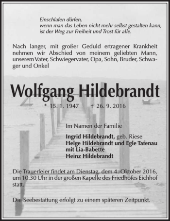 Traueranzeige von Wolfgang Hildebrandt von Kieler Nachrichten / Segeberger Zeitung