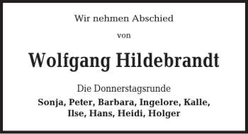 Traueranzeige von Wolfgang Hildebrandt von Kieler Nachrichten / Segeberger Zeitung