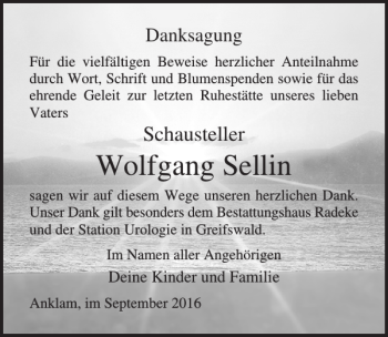 Traueranzeige von Wolfgang Sellin von Ostsee-Zeitung