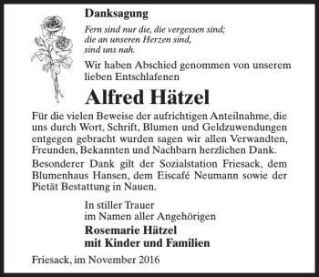 Traueranzeige von Alfred Hätzel von MAZ-Trauer.de