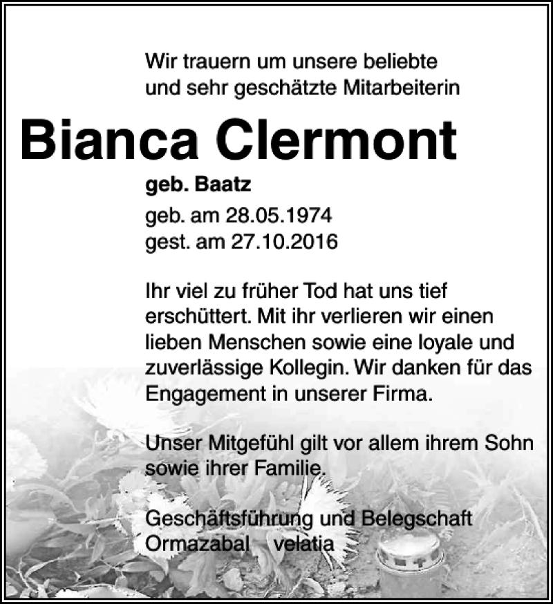 Traueranzeige für Bianca Clermont vom 19.11.2016 aus Leipziger Volkszeitung