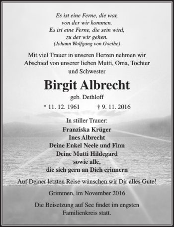 Traueranzeige von Birgit Albrecht von Ostsee-Zeitung