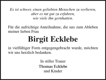 Traueranzeige von Birgit Ecklebe von Ostsee-Zeitung