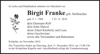 Traueranzeige von Birgit Franke von Ostsee-Zeitung